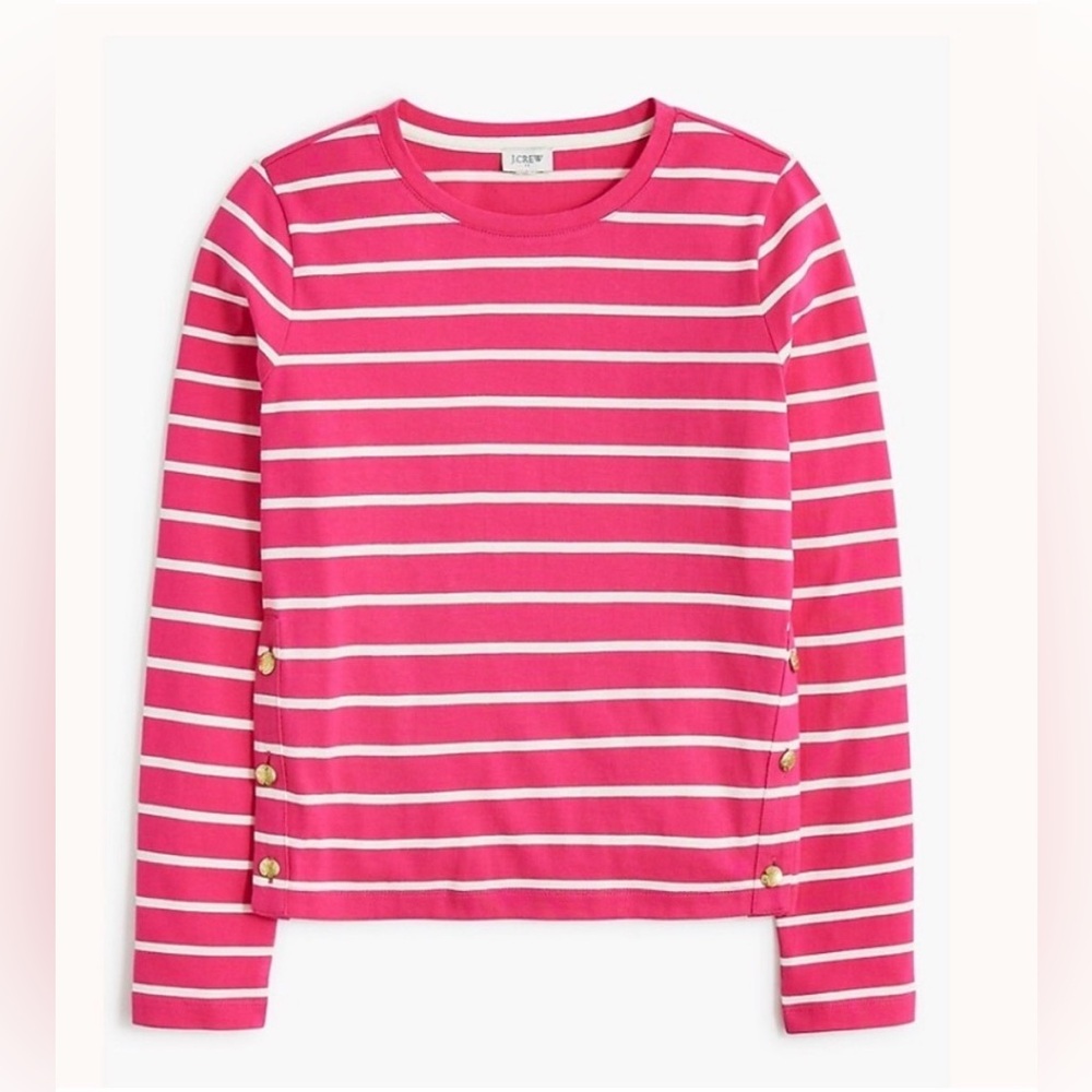 J. Crew Hot Pink and White striped Nautical sweater with gold side buttons